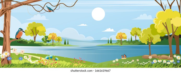 Panorama of spring village with Kingfisher bird standing on branches tree and wild flowers next to river, Vector Summer or Spring landscape, Panoramic countryside landscape grass field 