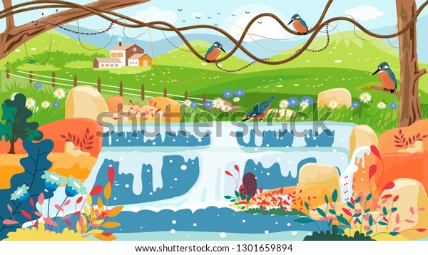 Panorama of spring village with Kingfisher bird\
standing on branches tree and wild flowers next to waterfall,Vector\
Summer or Spring landscape,Panoramic countryside landscape grass\
field and farmhouse