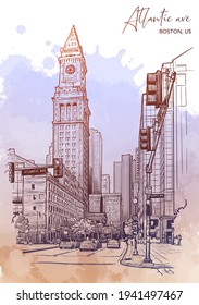 Panorama of the State street and Custom House Tower in Boston. Cityscape, urban hand drawing. Sketch on grunge textured background. EPS10 vector illustration.