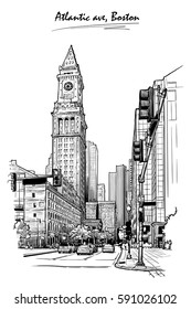 Panorama de la calle estatal y la Torre de la Casa Personalizada en Boston. Paisaje urbano, dibujo manual urbano. Esbozo aislado en fondo blanco. Ilustración vectorial EPS10.