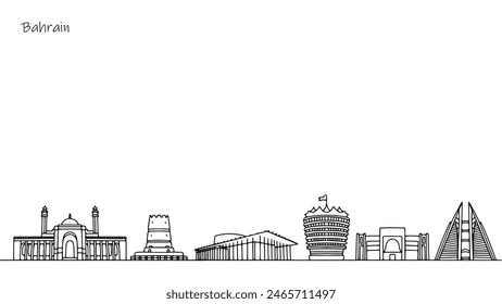 Panorama of the streets of Bahrain. Architecture that attracts tourists. Sights of the Kingdom of Bahrain. Black and white vector illustration.