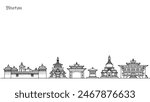 Panorama of the streets of Bhutan. Architecture and buildings that attract tourists. Kingdom culture in Asia. Isolated vector on white background.