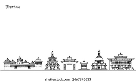 Panorama of the streets of Bhutan. Architecture and buildings that attract tourists. Kingdom culture in Asia. Isolated vector on white background.