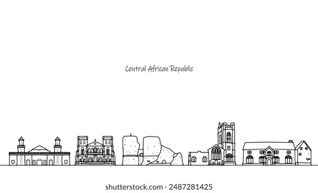 Panorama of the streets of the Central African Republic. Hand-drawn buildings and structures. Sights of the African country. Vector illustration.