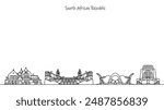 Panorama of streets and cityscape of the Republic of South Africa. Old and modern architecture of the country. The beauty of the streets of an African state. Black and white vector illustration.