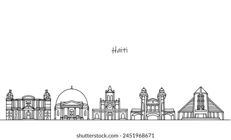 Panorama of the streets of Haiti. Landmarks of the country are drawn with a line, which can be used for postcards, business cards, hotels, printed materials and more. Vector.