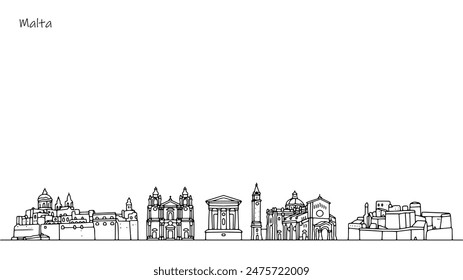 Panorama of the streets of Malta. Popular tourist buildings of the country drawn with black lines. Isolated vector on white background for different uses.