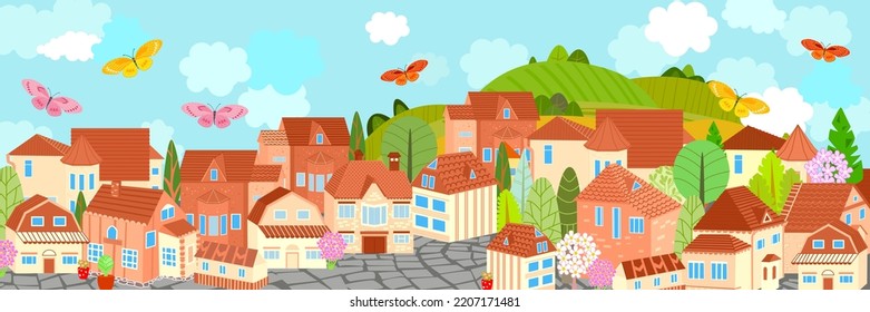 Panorama del paisaje de la ciudad de verano con árboles de flores contra colinas. Un pueblo lindo con pavimento de piedra y mariposas voladoras. Dibujo de caricaturas vectoriales de casas de ladrillo arenoso con techo de tejas marrones.