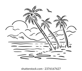 Panorama of the summer landscape. Tall palm trees against the backdrop of mountains and sea and clouds. Vector linear illustration