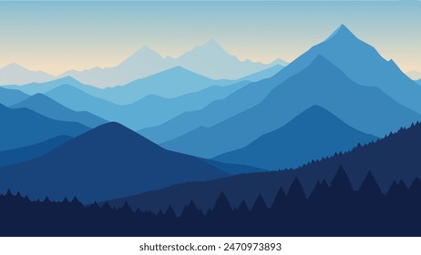 Panorama of the summer morning in the foggy Carpathian mountains. Borzhava ridge, flat vector illustration nature background