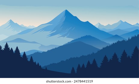 Panorama of the summer morning in the foggy Carpathian mountains. Flat vector illustration