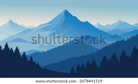 Panorama of the summer morning in the foggy Carpathian mountains. Flat vector illustration