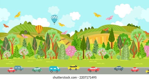 Panorama der Sommerlandschaft mit Hügeln. Straßenverkehr vor Feldern mit Blütenbäumen, Sträuchern. Landschaft mit Heißluftballons am bewölkten Himmel. Vektorgrafik im Stil von Vektorgrafik, Illustration der Naturszene