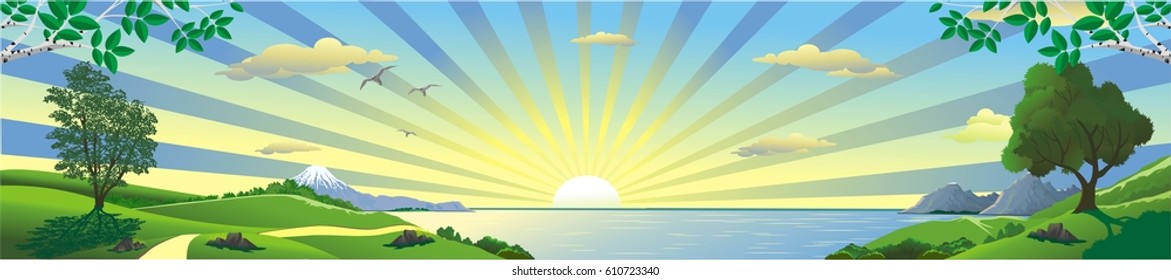 Panorama of the sunrise over the Bay. Birch branches. The trees on the hill. The mountains and the lake on the horizon. Vector illustration