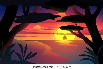 Panorama des Sonnenuntergangs am schönen Strand