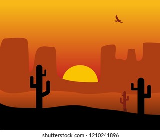 Panorama sunset desert with cactus , sun, bird. Vector flat color illustration. For banner sea. Vector flat horizontal color illustration. For horizontal banner
