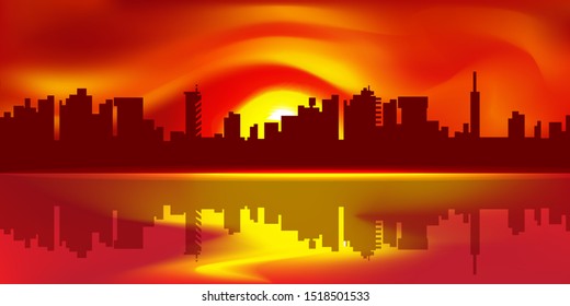 Panorama sunset red orange abstract background with silhouette of city sea yellow sun vector illustration