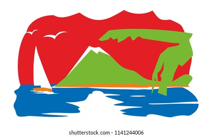 Panorama sunset sea with palm tree, beach, yacht, seagull, sun. Vector flat color illustration. For banner sea. Vector flat horizontal color illustration. For horizontal banner