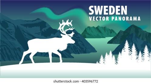 Panorama of sweden fjord with Aurora Borealis (Northern Lights) and raindeer