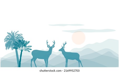 Panorama of the Taiwanese rainforest. Misty mountains. Vector stock illustration. Deer, coats, mountain peaks. Horizontal wallpaper.