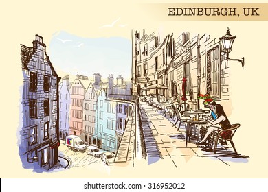 Panorama of a terrace above Victoria St., occupied by street cafes. Edinburgh, UK. Painted sketch imitating ink pen drawing above blurry watercolor. EPS10 vector illustration.