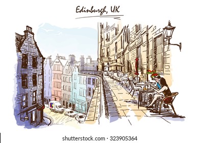 Panorama of a terrace above Victoria St., occupied by street cafes. Edinburgh, UK. Painted sketch imitating ink pen drawing above blurry watercolor. EPS10 vector illustration.