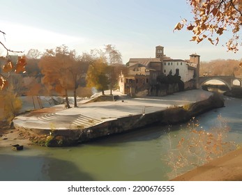 Panorama of Tiber Island in the center of Rome, Italy. Sunny winter view.