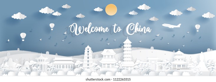 Panorama of top world famous landmark of China, wall of China for travel poster and postcard, in paper cut style vector illustration.