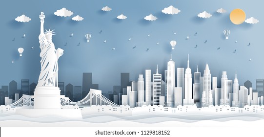 Panorama Of Top World Famous Landmark Of New York City, America For Travel Poster And Postcard, In Paper Cut Style Vector Illustration.