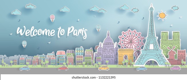 Panorama of top world famous landmark of Paris, France for travel poster and postcard, in paper cut style and doodle style vector illustration.