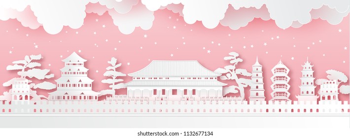 Panorama of top world famous landmark of China,paper cut style vector illustration.