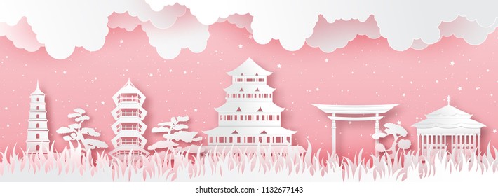 Panorama of top world famous landmark of China,paper cut style vector illustration.