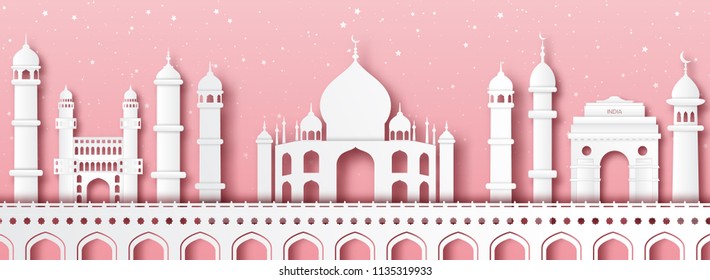 Panorama of top world famous landmark of India,paper cut style vector illustration.