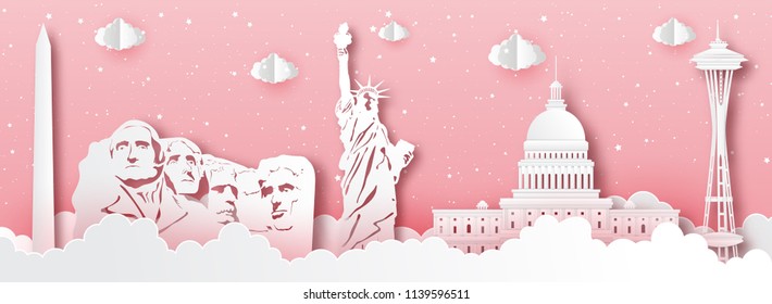 Panorama of top world famous landmark of USA,paper cut style vector illustration.