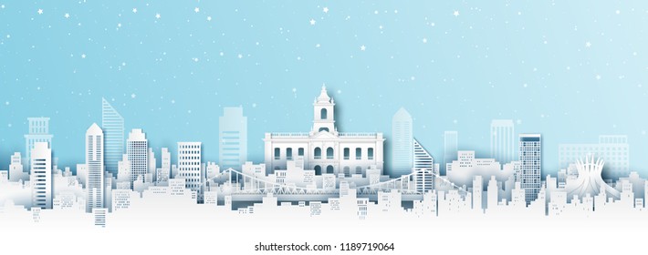 Panorama of top world famous landmark of Brazil,paper cut style vector illustration.