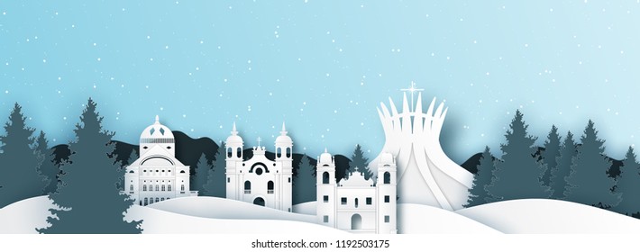 Panorama of top world famous landmark of Brazil,paper cut style vector illustration.