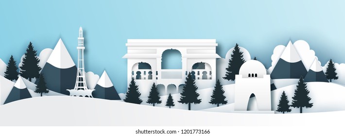 Panorama of top world famous landmark of Pakistan,paper cut style vector illustration.