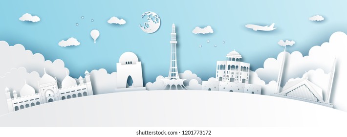 Panorama of top world famous landmark of Pakistan,paper cut style vector illustration.