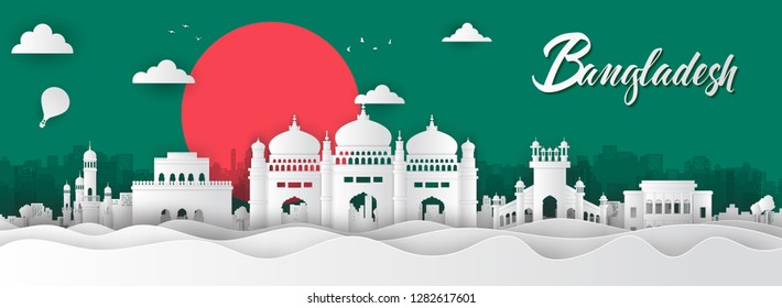 Panorama Of Top World Famous Landmark Of Bangladesh ,paper Cut Style Vector Illustration