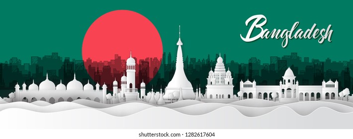 Panorama of top world famous landmark of Bangladesh ,paper cut style vector illustration