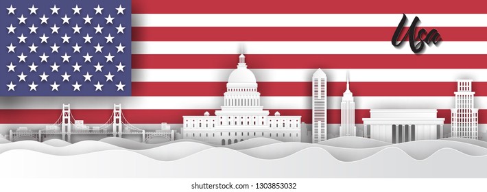 Panorama of top world famous landmark of USA ,paper cut style vector illustration.