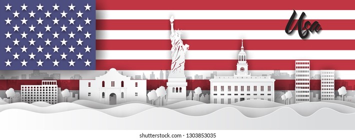 Panorama of top world famous landmark of USA ,paper cut style vector illustration.