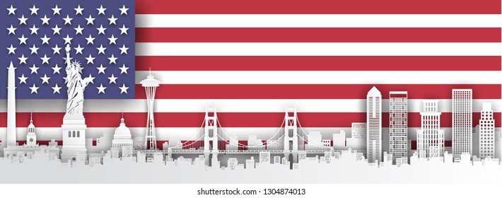 Panorama of top world famous landmark of USA ,paper cut style vector illustration.