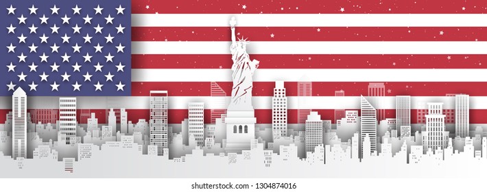 Panorama of top world famous landmark of USA ,paper cut style vector illustration.