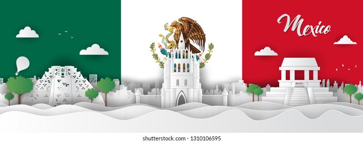 Panorama of top world famous landmark of Mexico ,paper cut style vector illustration.
