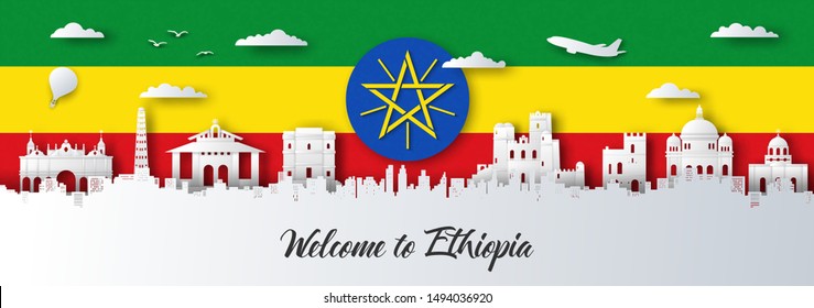 Panorama of top world famous landmark of Ethiopia on flag,paper cut style vector illustration.
