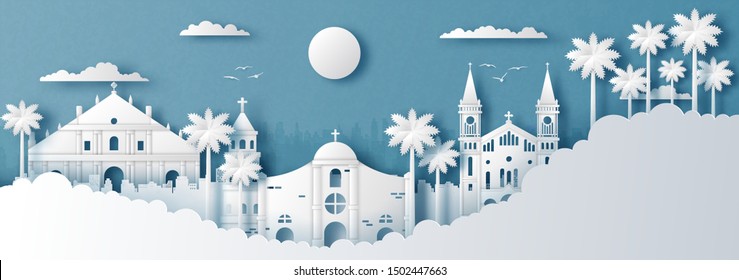 Panorama of top world famous landmark of Philippines,paper cut style vector illustration.