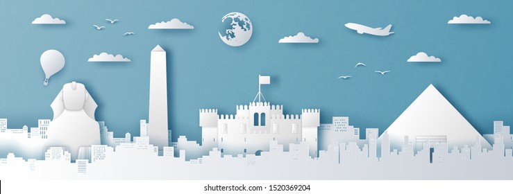 Panorama of top world famous landmark of Egypt,paper cut style vector illustration.