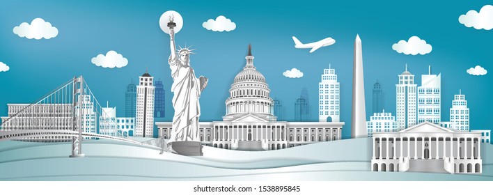 Panorama of top world famous landmark of New York city, America for travel poster and postcard, in paper cut style vector illustration.