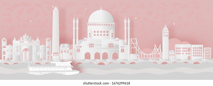 Panorama Of Top World Famous Landmark Of Turkey,paper Cut Style.Vector Illustration In Lineart Style.